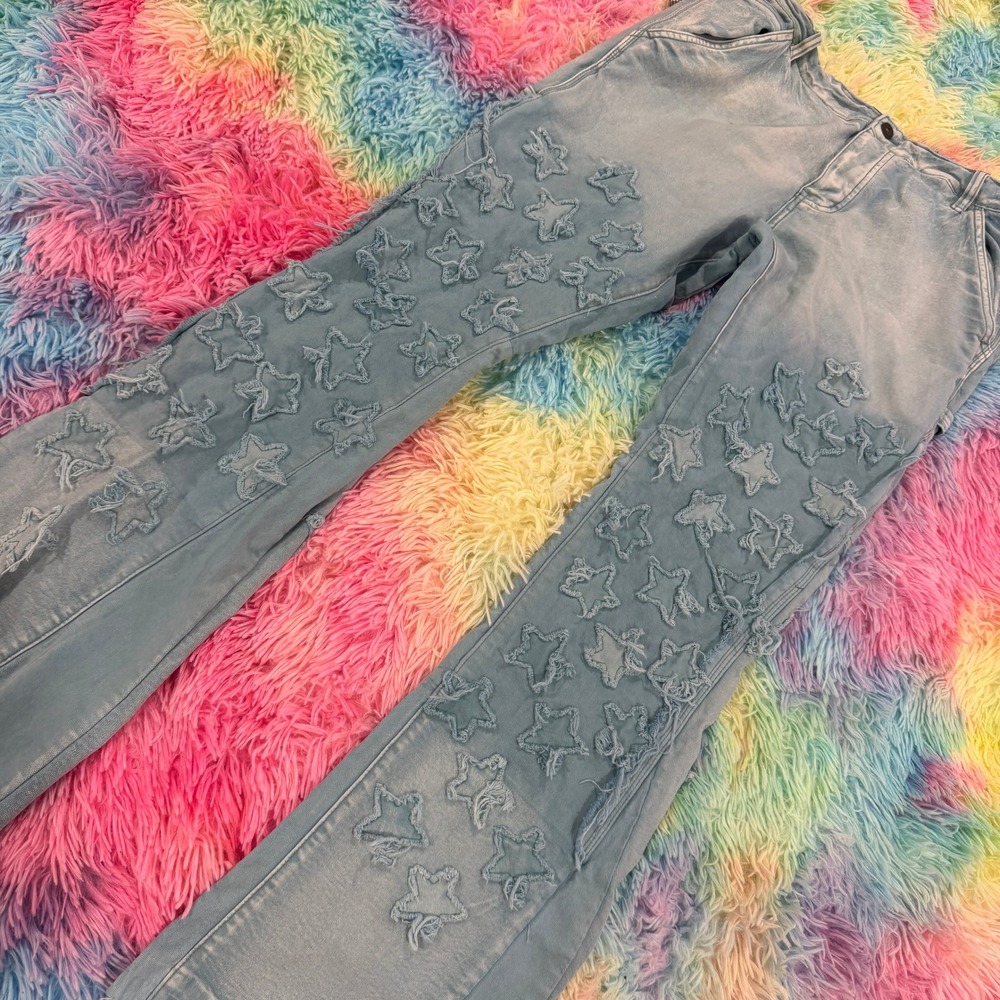New* Valabasas Star Distressed Jeans Womens 38 Light Blue‎ Frayed Hem Streetwear